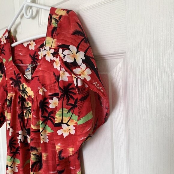 Vintage Hawaiian Togs Red Mumu Dress Large Palm Trees Hibiscus - Picture 10 of 15